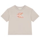 تيشيرت أولاد بالشعار باللون البيج, 2, hi-res