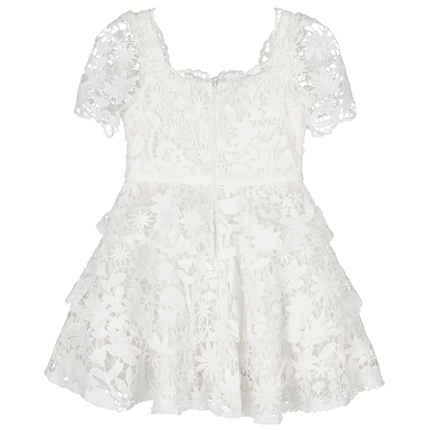 Girls White Embroidered Lace Tiered Dress, 1, hi-res