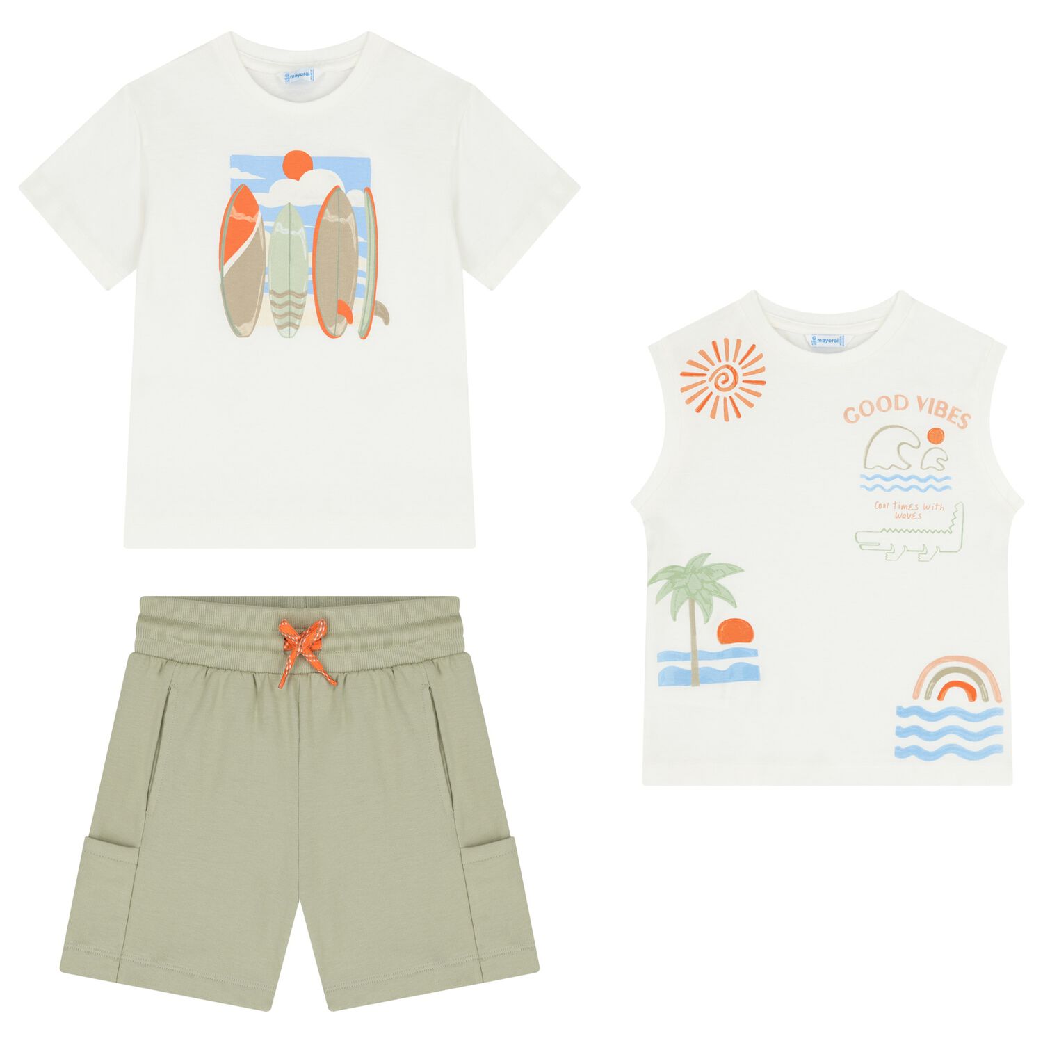 طقم شورت لركوب الأمواج للأولاد باللونين الأبيض والأخضر, 1, hi-res