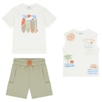 طقم شورت لركوب الأمواج للأولاد باللونين الأبيض والأخضر