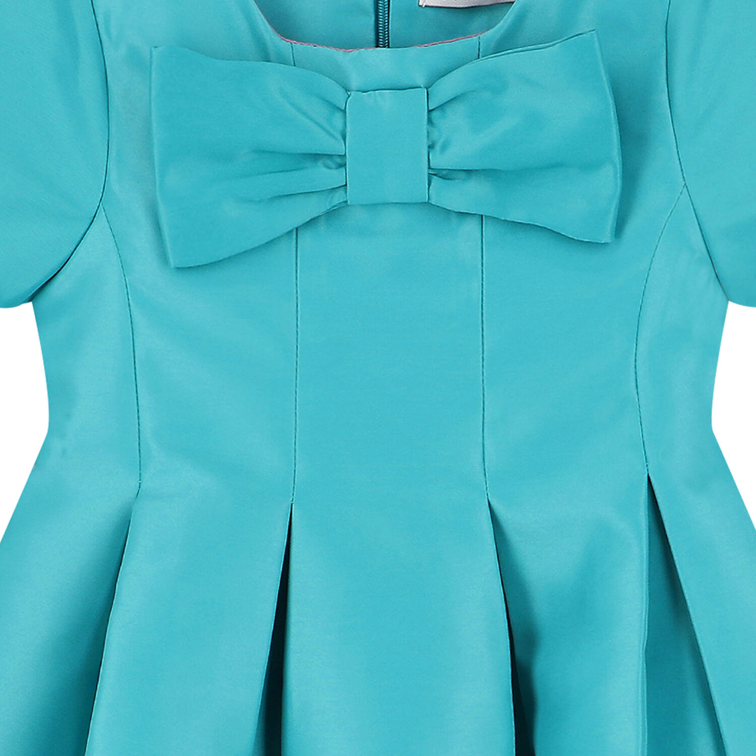 Girls Turquoise Satin Bow Dress, 1, hi-res