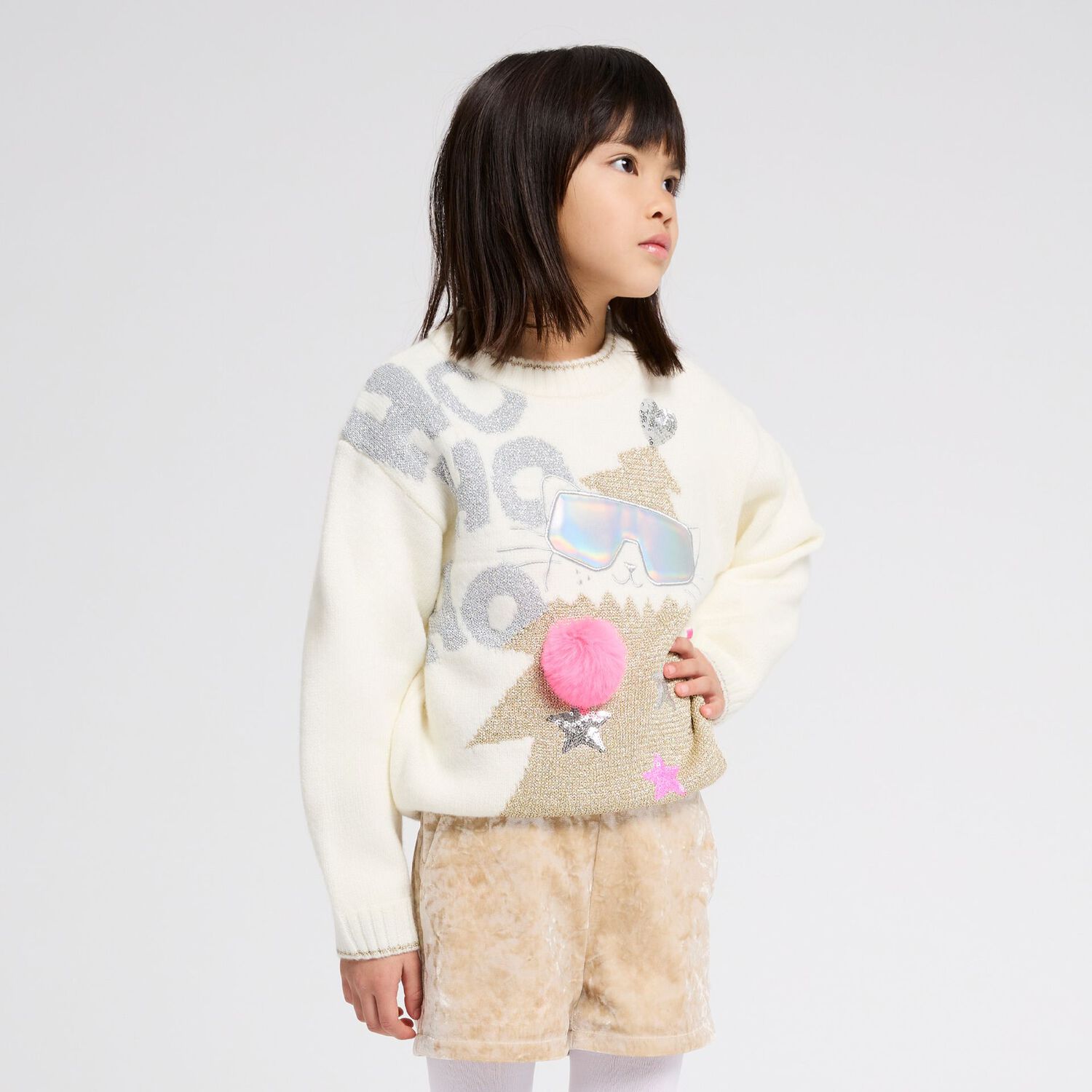 Girls Ivory & Gold Festive Christmas Tree Jumper, 1, hi-res