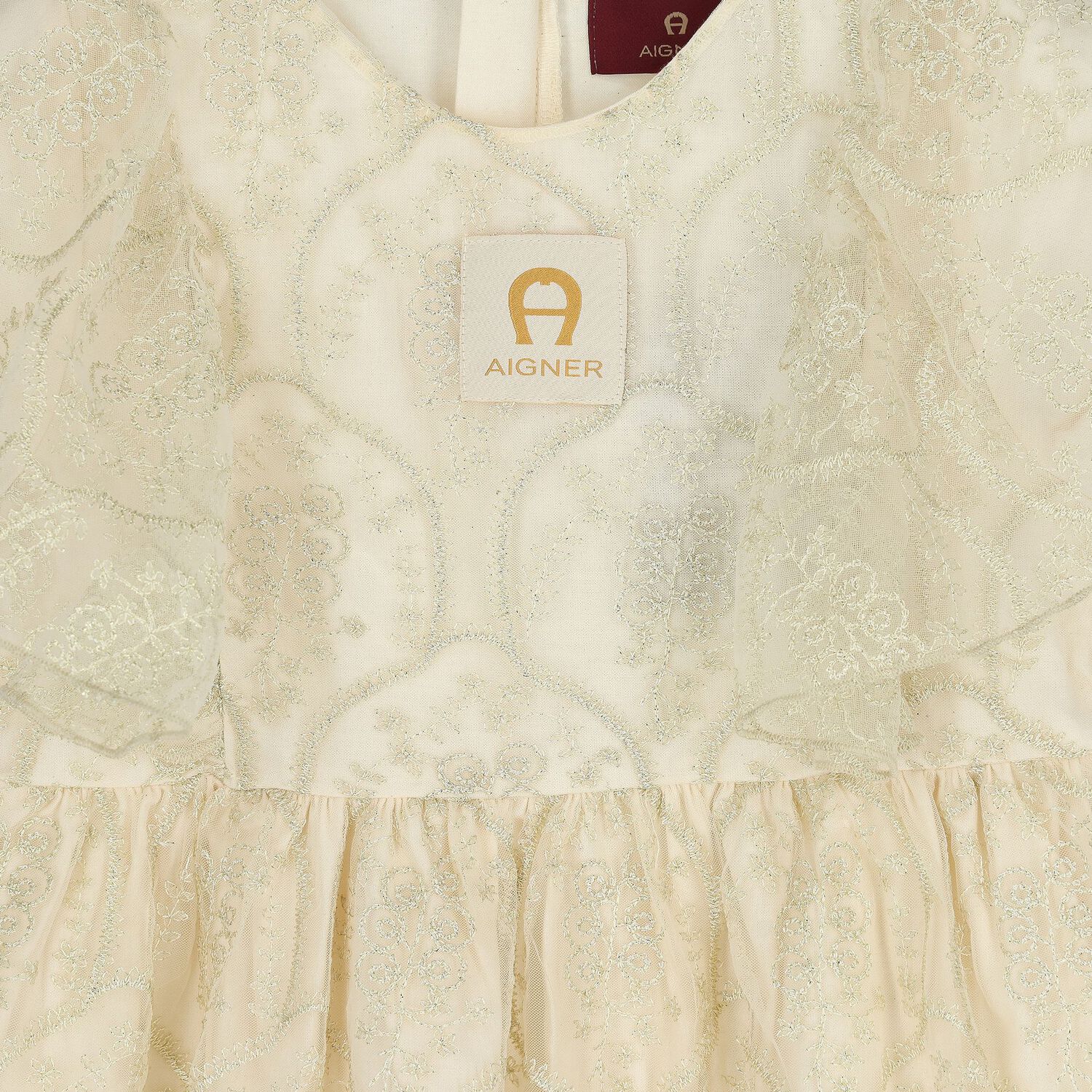 Girls Ivory & Gold Logo Embroidered Dress, 1, hi-res