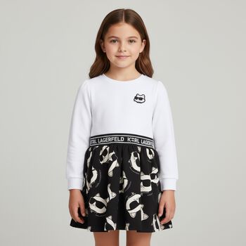 Younger Girls White & Black Choupette Dress 