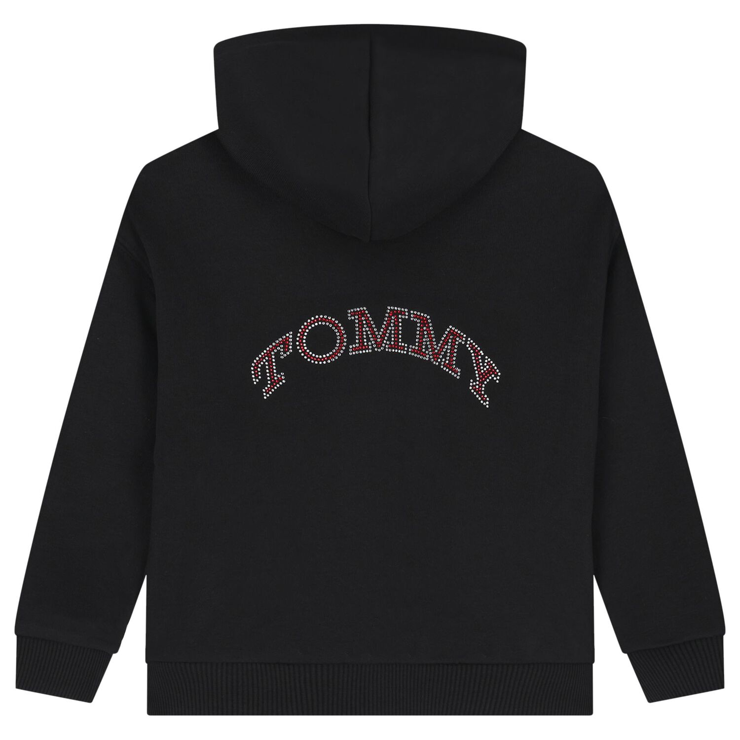 Girls Black Embellished Logo Hooded Zip Up Top, 1, hi-res