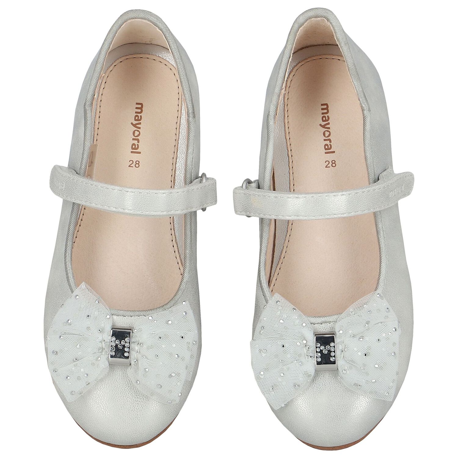 Girls Silver Bow Shoes, 2, hi-res