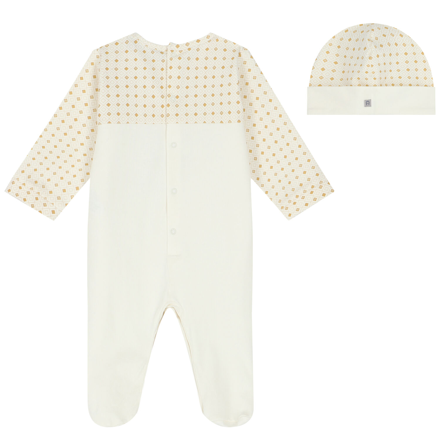 Ivory & Gold Logo Babygrow & Hat Set, 3, hi-res