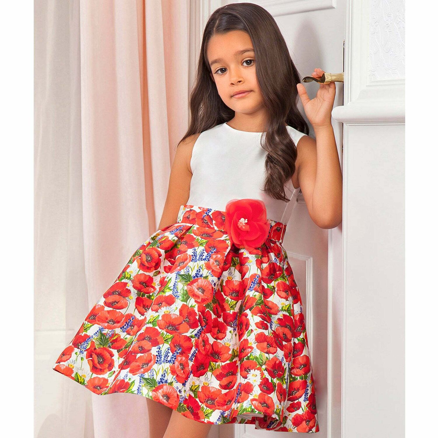 Girls White & Red Poppy Dress, 1, hi-res image number null