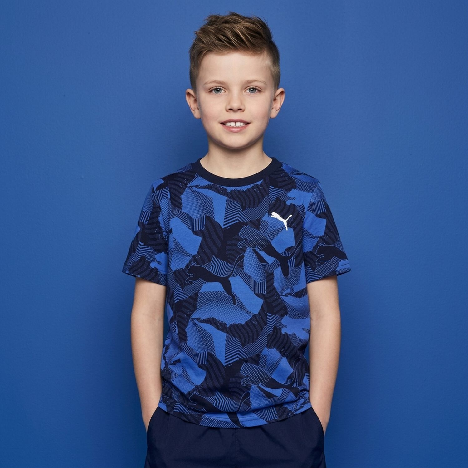 Boys Navy Blue & Blue Logo T-Shirt, 1, hi-res