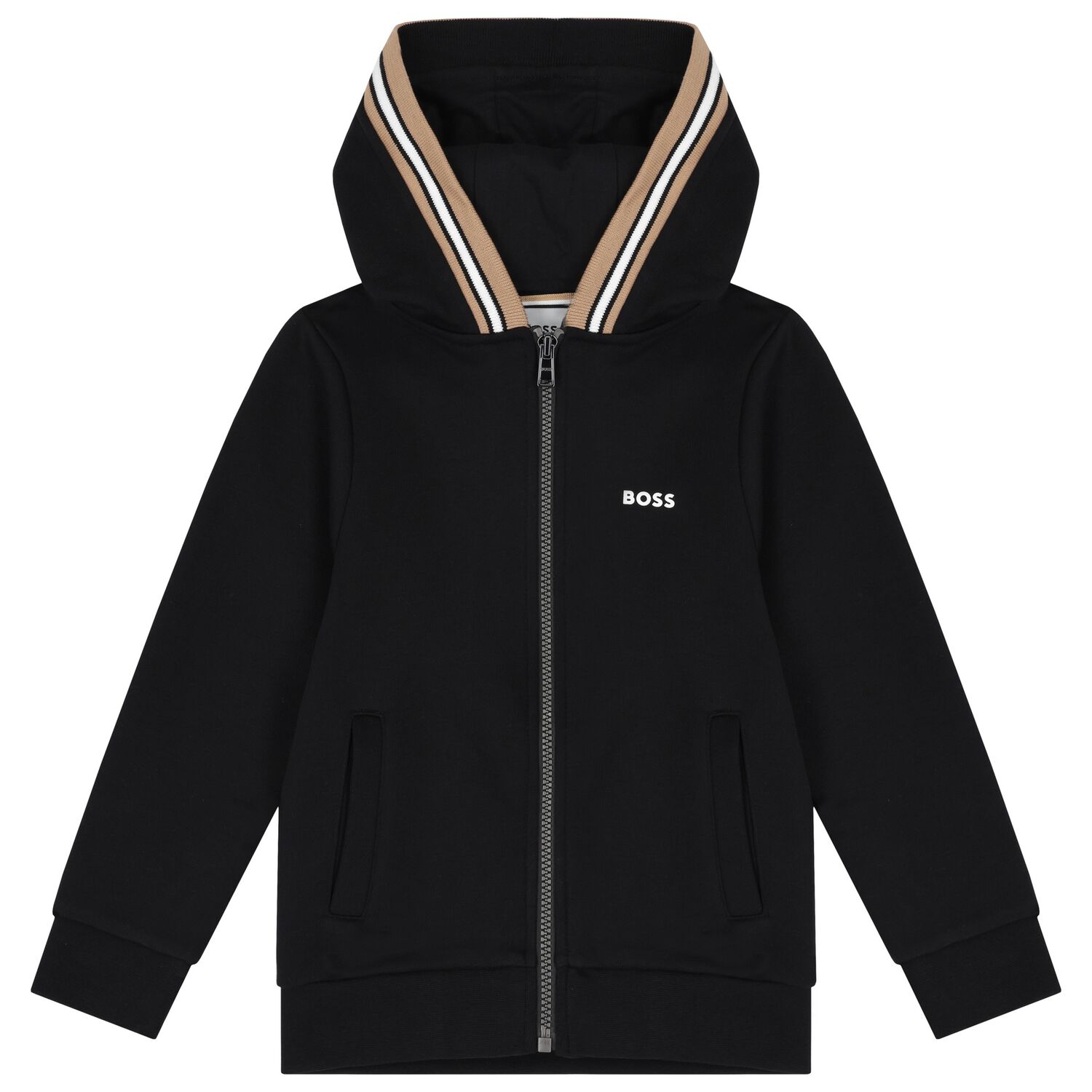 Boys Black Logo Hooded Zip Up Top, 1, hi-res image number null