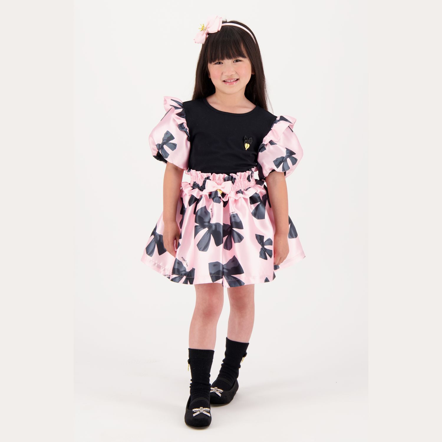 Girls Pink & Black Bow Print Skirt, 1, hi-res