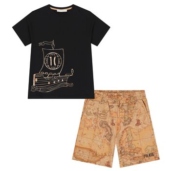 Boys Black & Beige Geo Map Shorts Set
