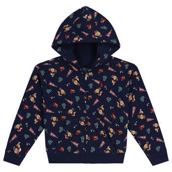 Girls Navy Blue Logo Hooded Zip Up Top