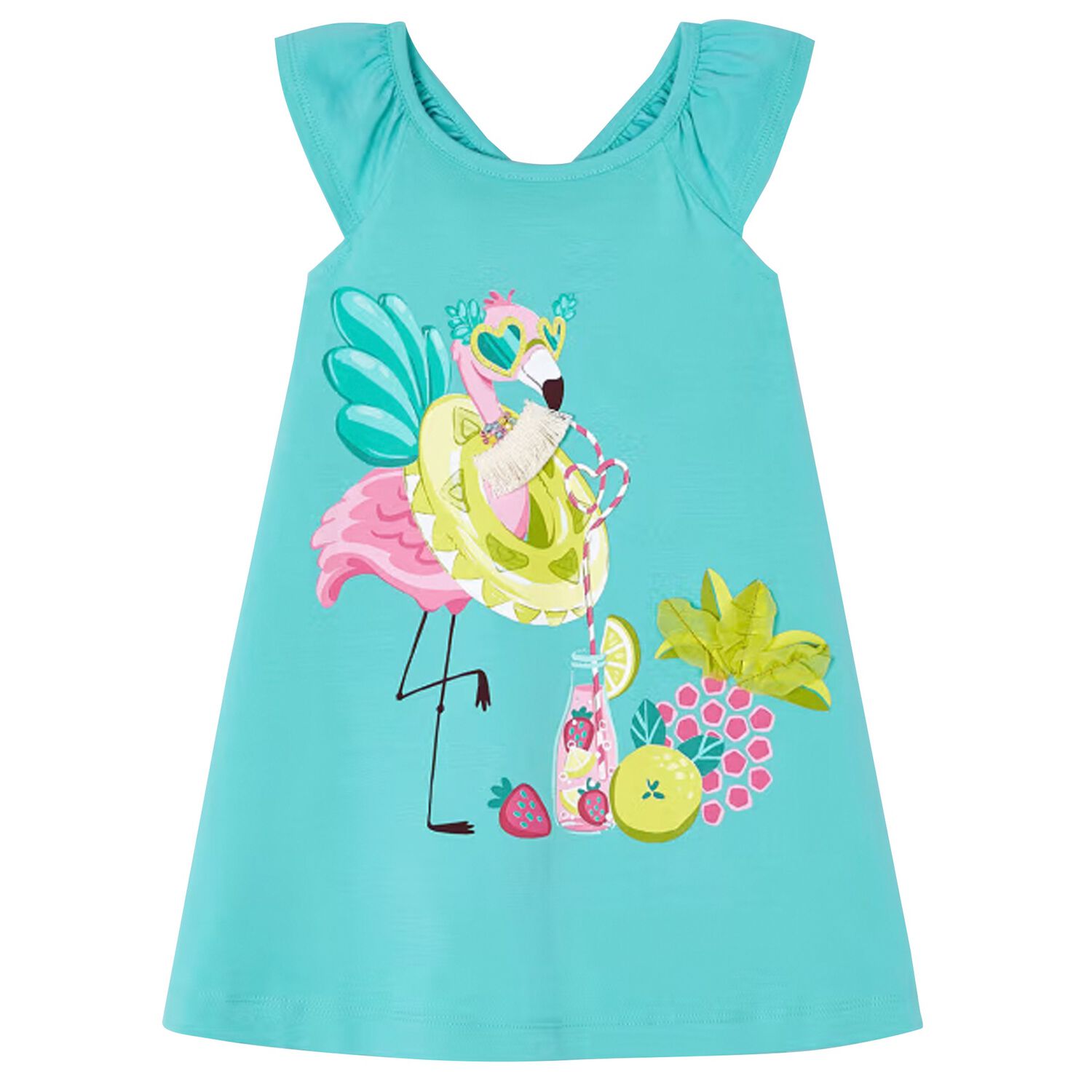 Girls Blue Flamingo Dress, 2, hi-res