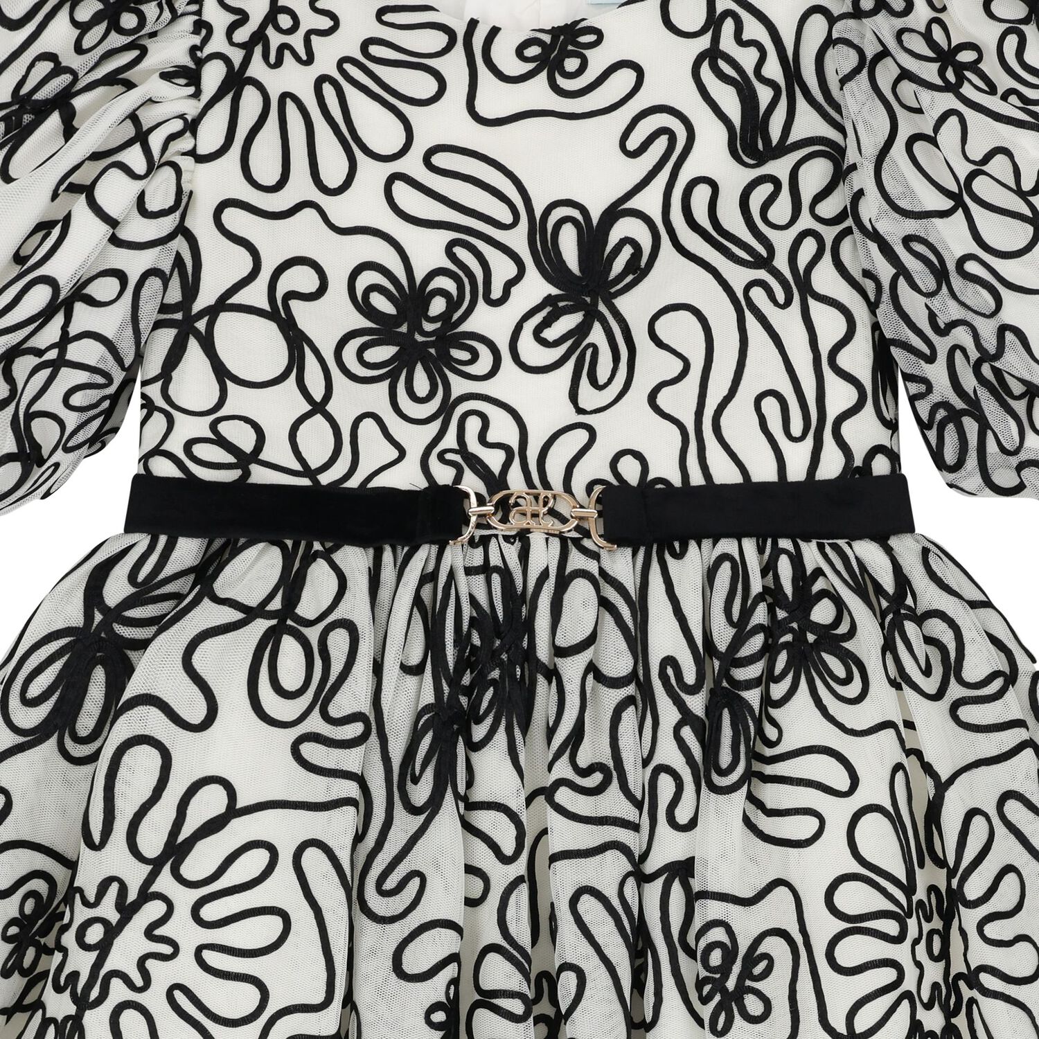 فستان تول زهري بشريط باللون العاجي والأسود للبنات, 1, hi-res