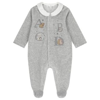 Baby Boys Grey Embroidered Animal Babygrow