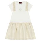 Girls Ivory & Gold Logo Dress, 1, hi-res