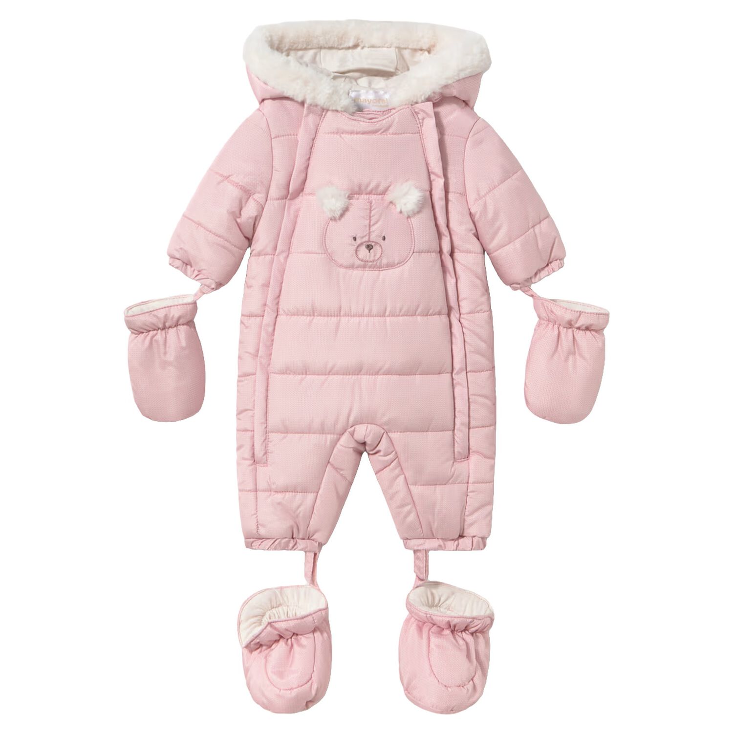 Baby Girls Pink Teddy Bear Baby Snowsuit, 4, hi-res
