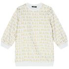 فستان سويت شيرت بالشعار باللون الأبيض والذهبي, 1, hi-res