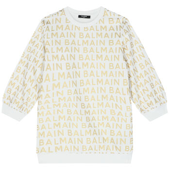 Girls White & Gold Logo Sweatshirt Dress