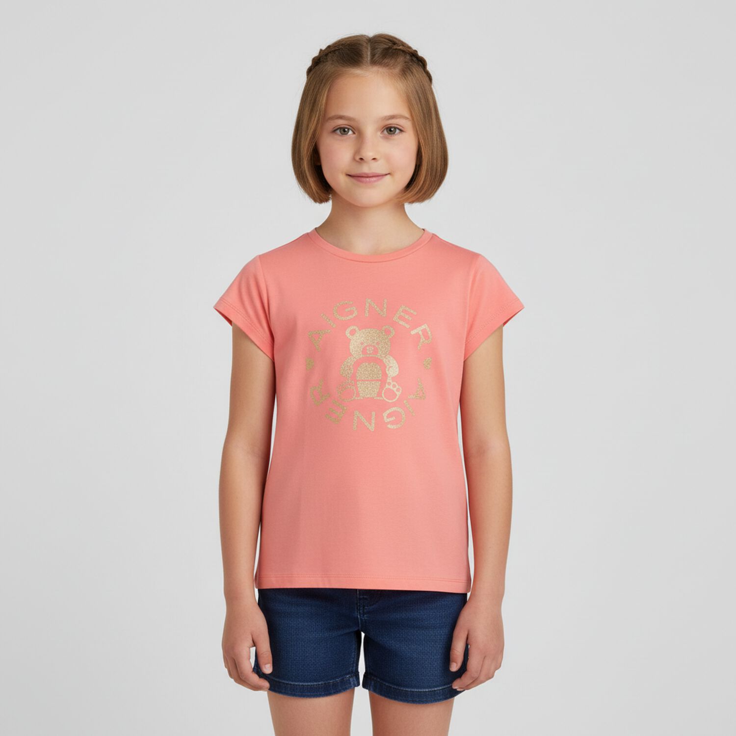 Girls Coral Pink Bear Logo T-Shirt, 4, hi-res