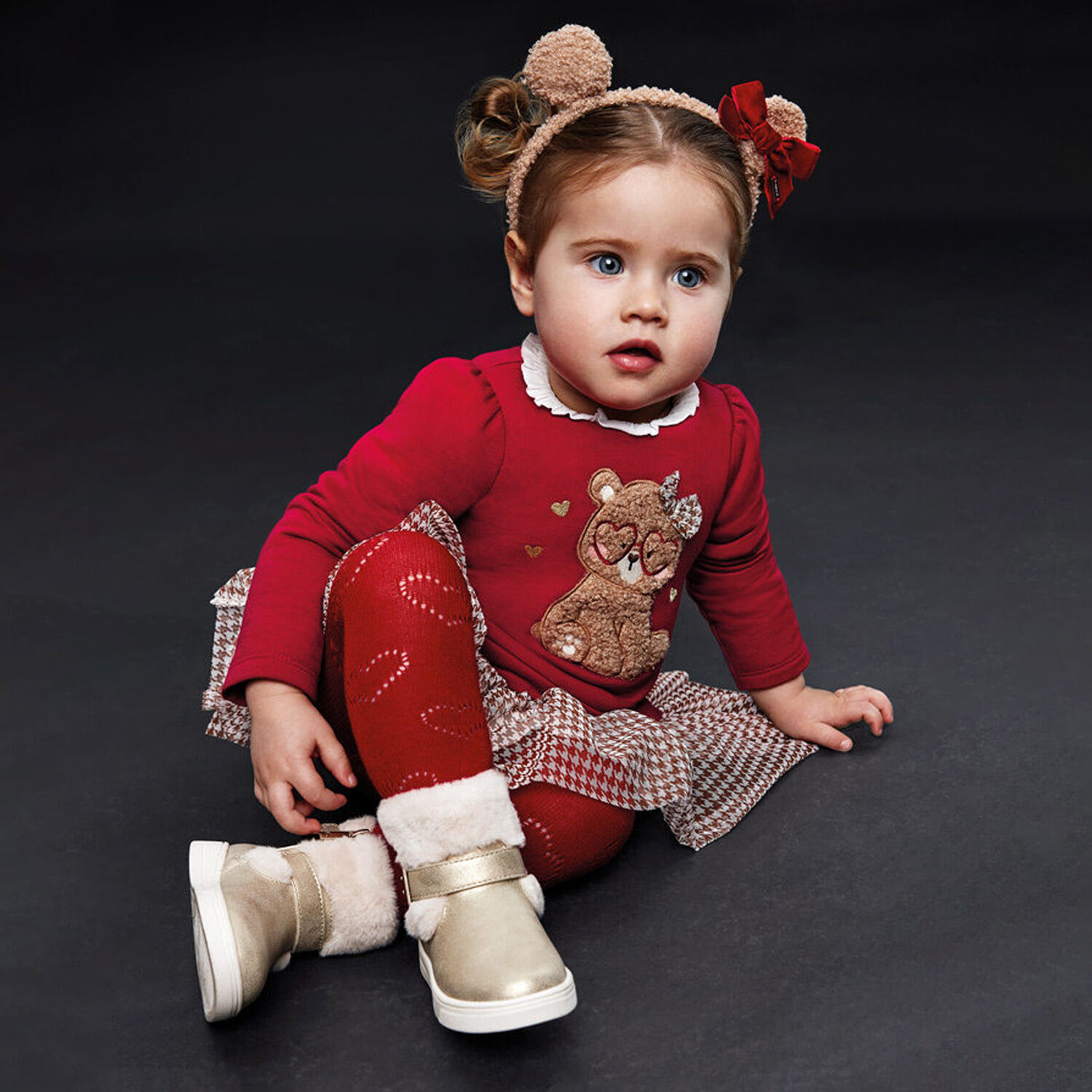 Younger Girls Red Teddy Bear Dress, 1, hi-res