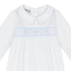 Baby Boys White and Blue Smocked Babygrow, 1, hi-res