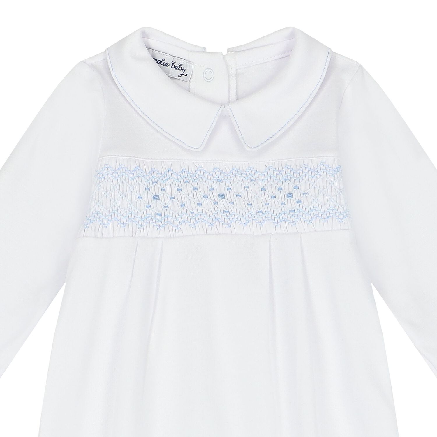 Baby Boys White and Blue Smocked Babygrow, 1, hi-res image number null