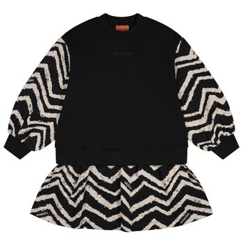 Girls Black & Ivory Logo Zig Zag Dress