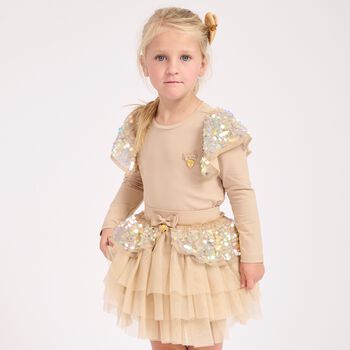 Girls Beige Sequin Tulle Skirt