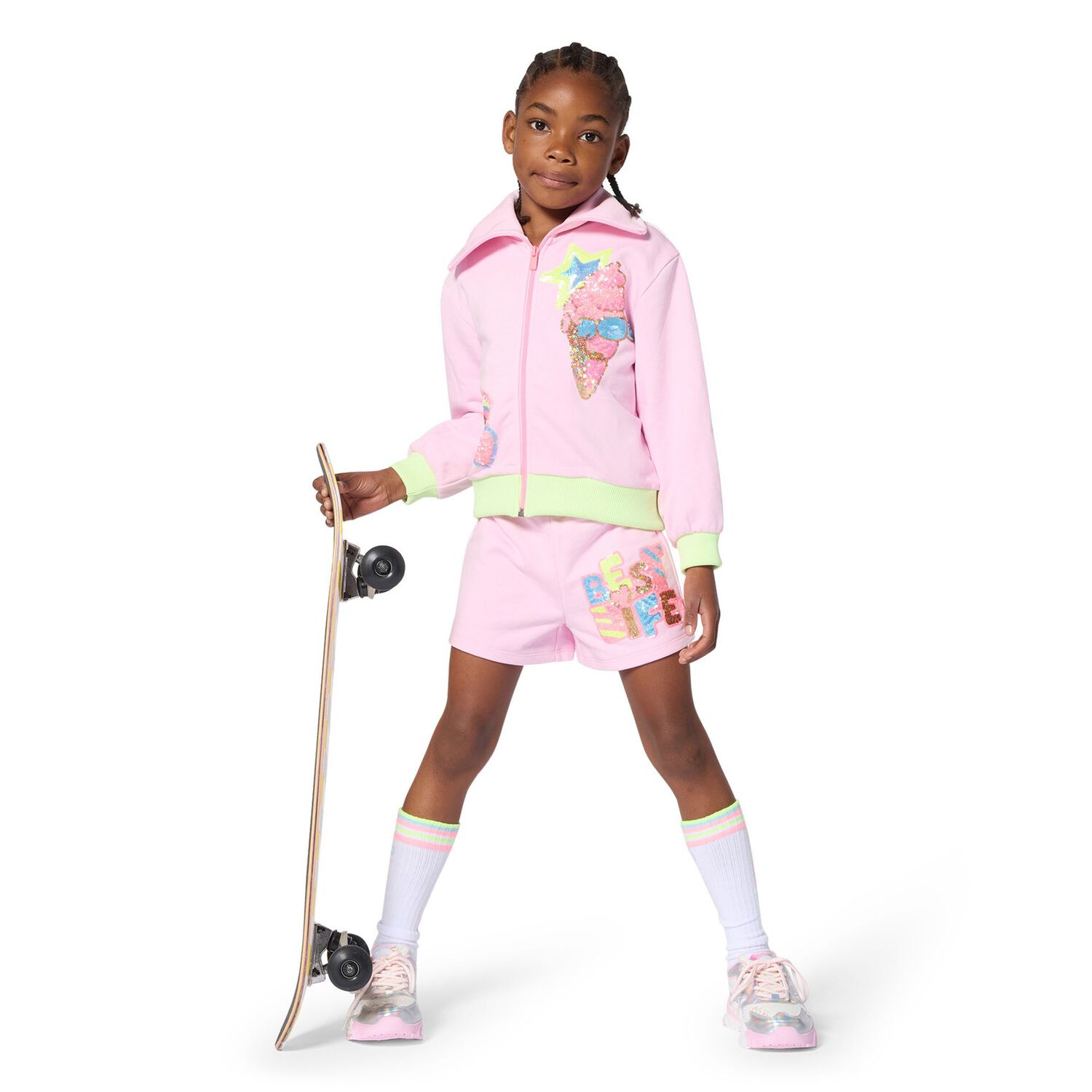 Girls Iridescent Silver, White & Pink Trainers, 1, hi-res