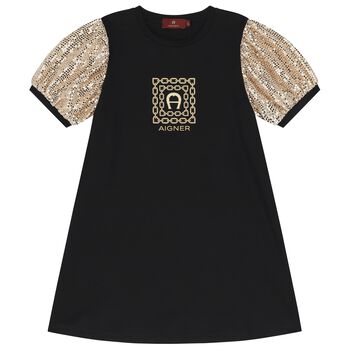 Girls Black & Gold Logo Dress