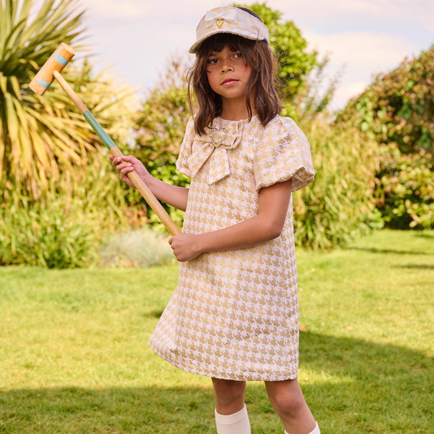 Girls White & Gold Houndstooth Dress, 1, hi-res