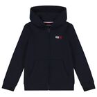 Boys Navy Blue Logo Hooded Zip Up Top, 1, hi-res