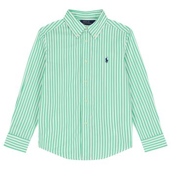 Boys White & Green Striped Logo Shirt