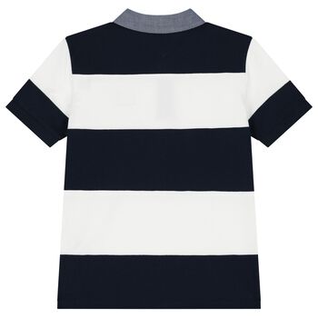Boys Navy Blue & White Logo Striped Polo Shirt