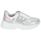 Girls White & Silver Logo Trainers, 1, hi-res