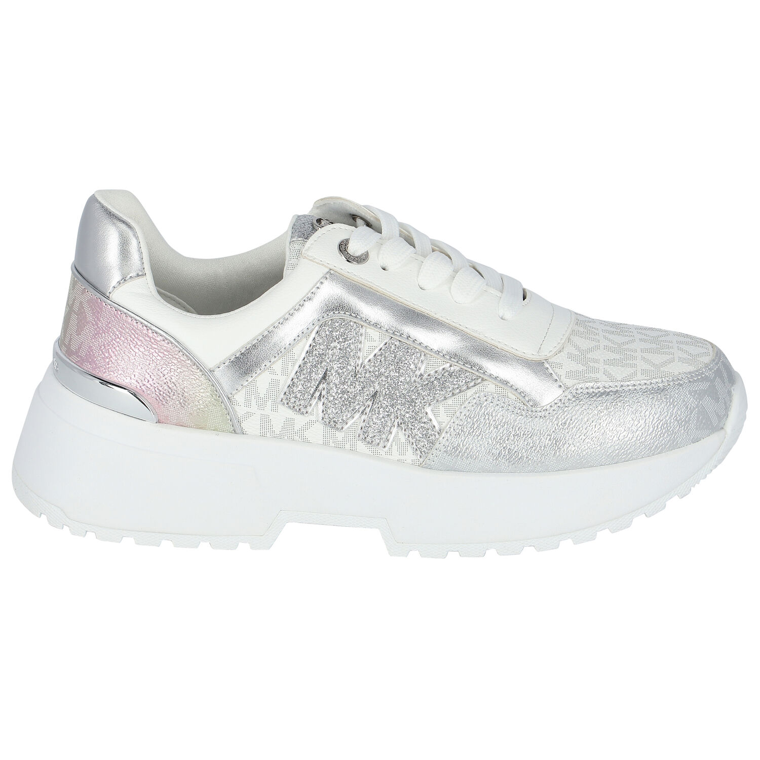 Girls White & Silver Logo Trainers, 1, hi-res