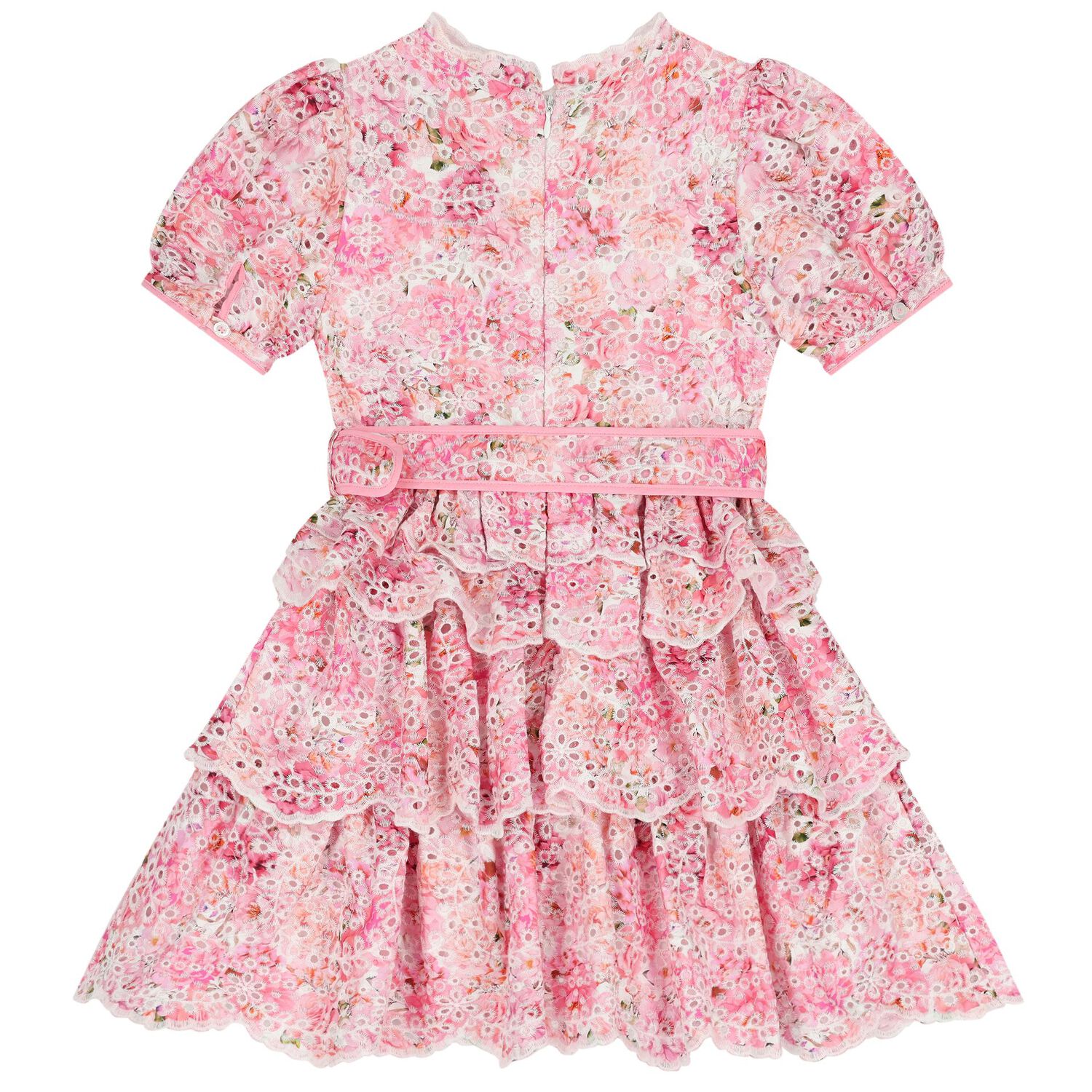 Girls Pink Embroidered Floral Tiered Dress , 1, hi-res