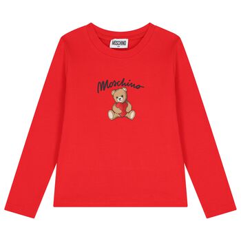 Girls Red Teddy Bear Logo Long Sleeve Top