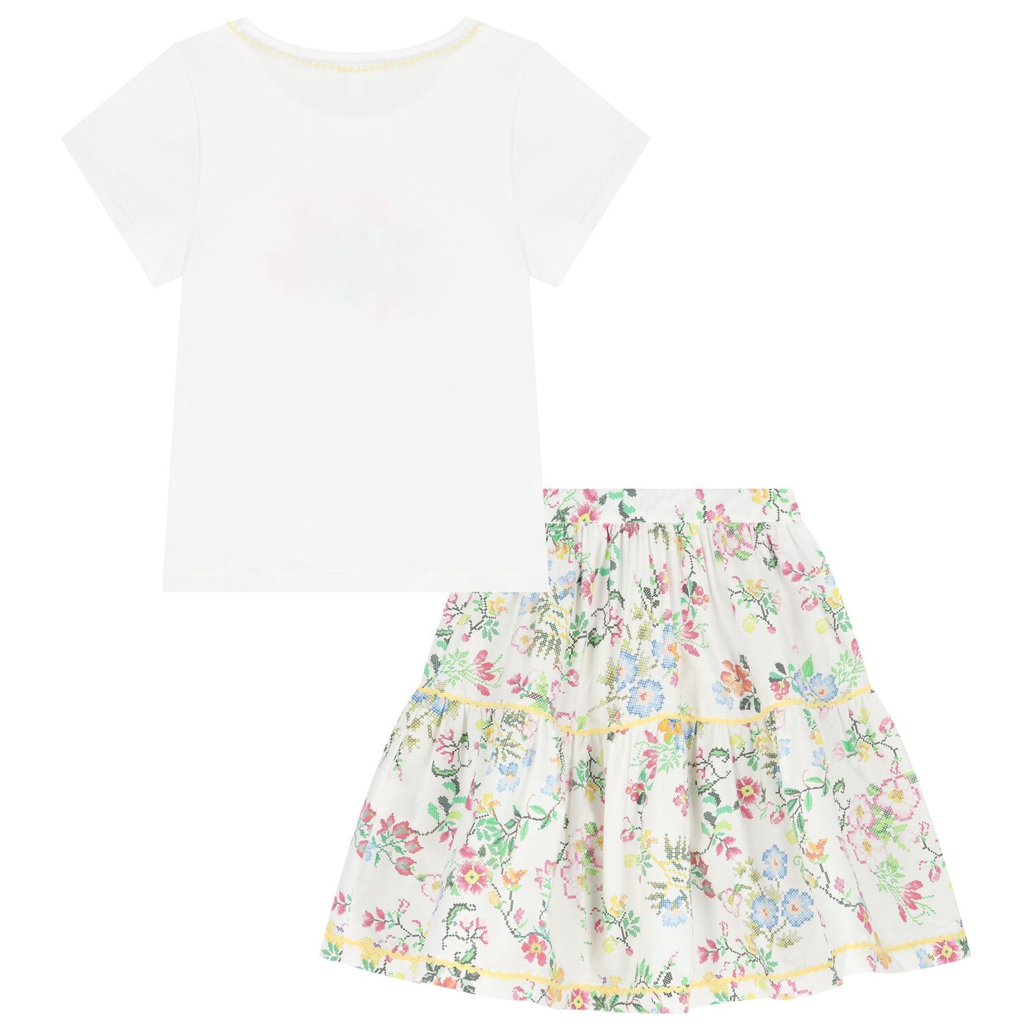 طقم تنورة بطبهة الزهور باللون الأبيض للبنات, 1, hi-res