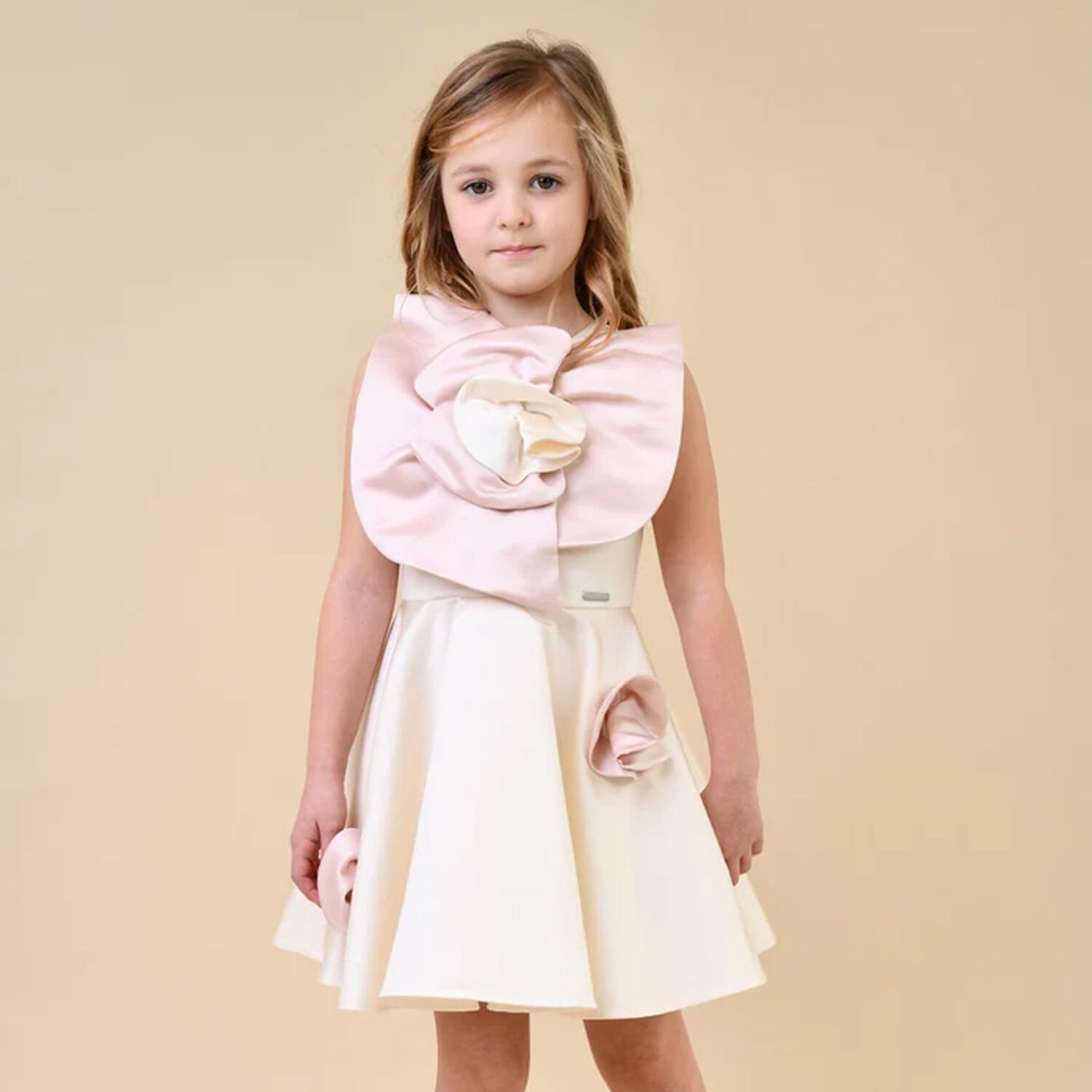 Girls White & Pink Flower Satin Dress, 1, hi-res image number null