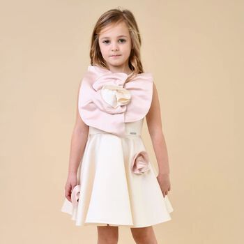 Girls White & Pink Flower Satin Dress