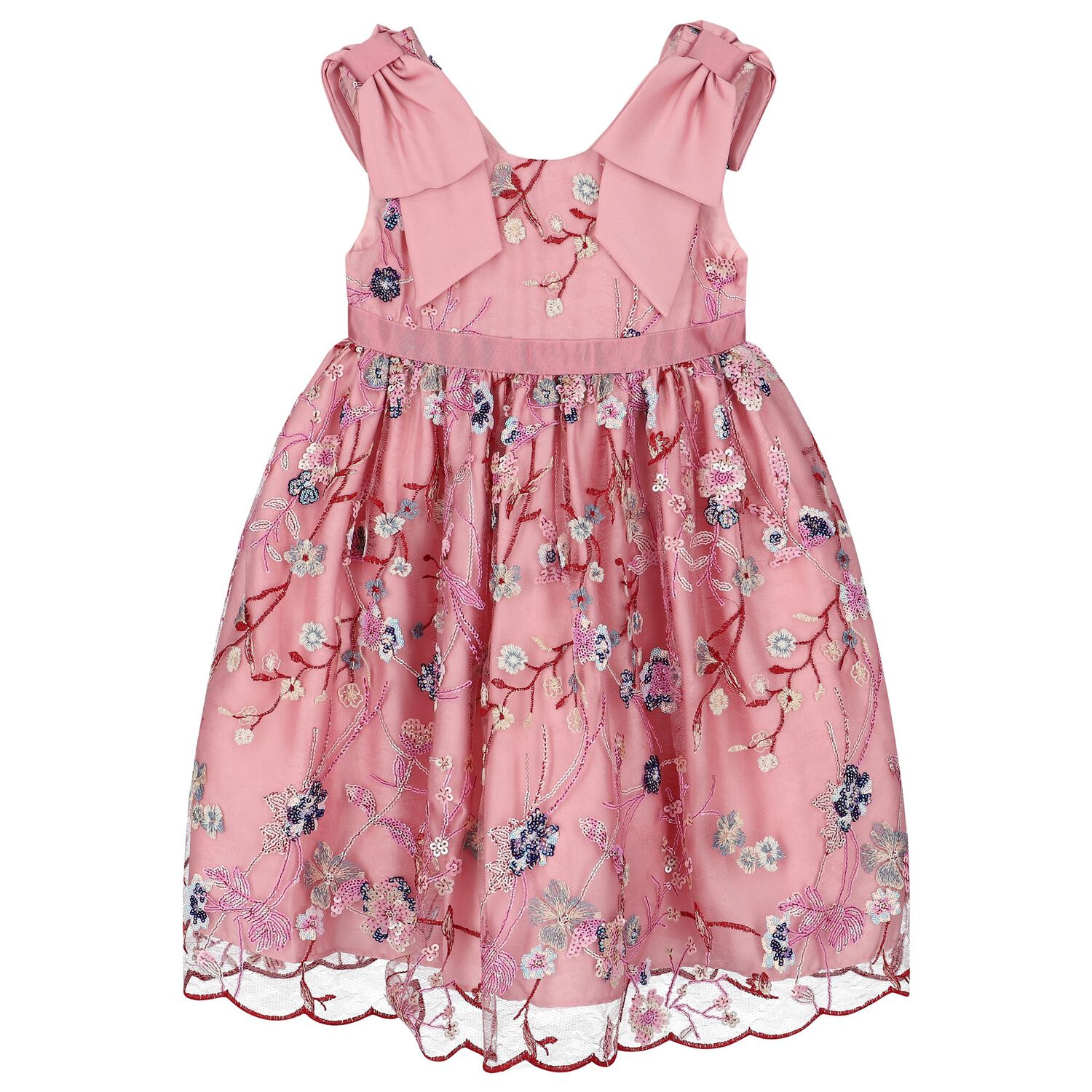 Girls Pink Floral Embroidered Dress, 1, hi-res