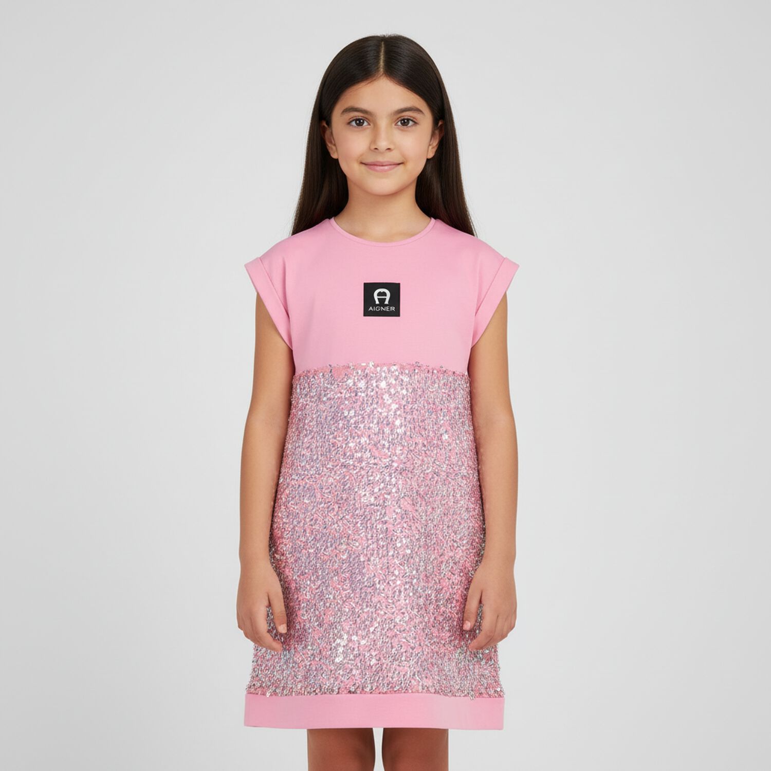 Girls Pink Sequins Logo Dress, 1, hi-res image number null