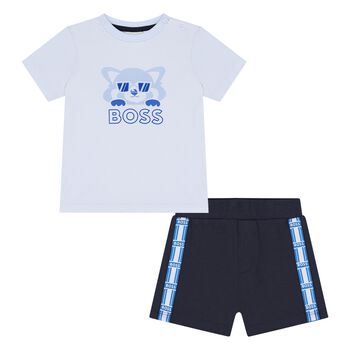 Baby Boys Blue & Navy Blue Logo Shorts Set