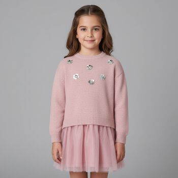 طقم فستان تول وردي للبنات