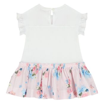 Younger Girls White & Pink Floral Dress 