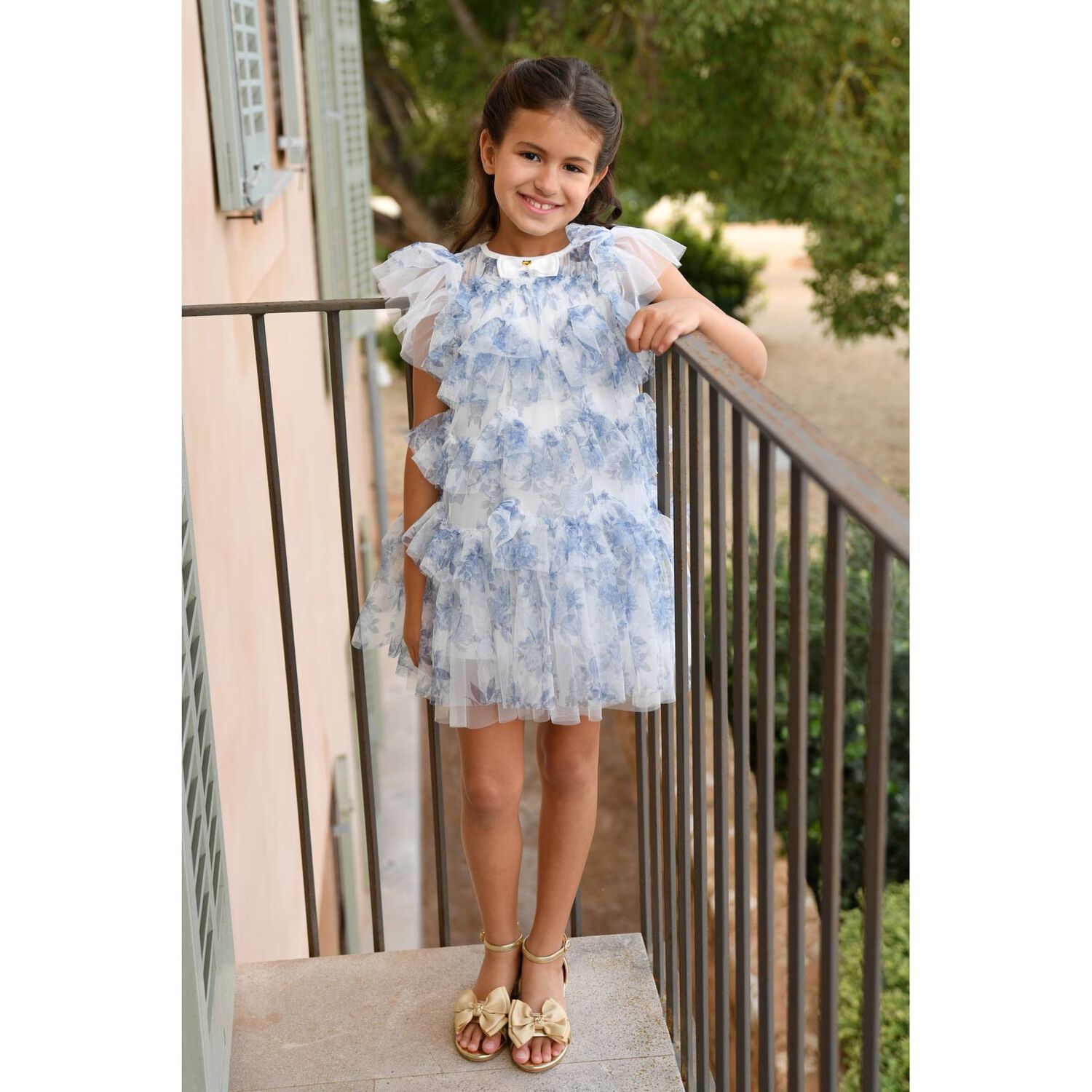Girls Blue Floral Tulle Dress, 1, hi-res