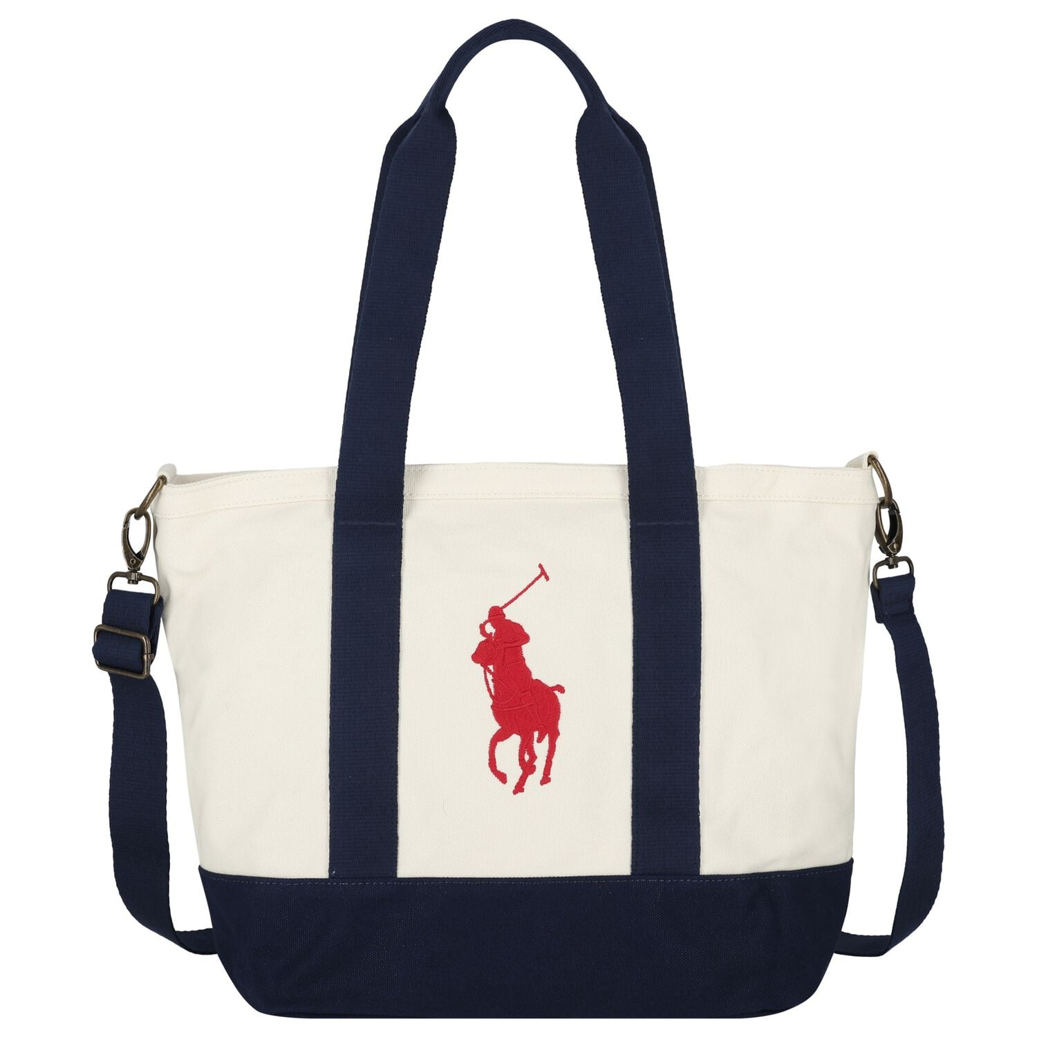 Girls Ivory & Navy Blue Canvas Pony Logo Tote Bag ( 44cm ), 1, hi-res